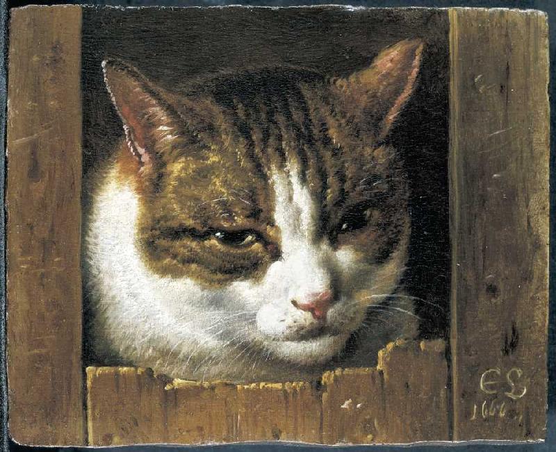 Eine Katze guckt durch einen Zaun à Cornelis Saftleven