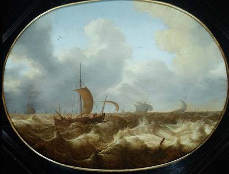 Fishing boats and other vessels in a stormy sea à Cornelis Stooter