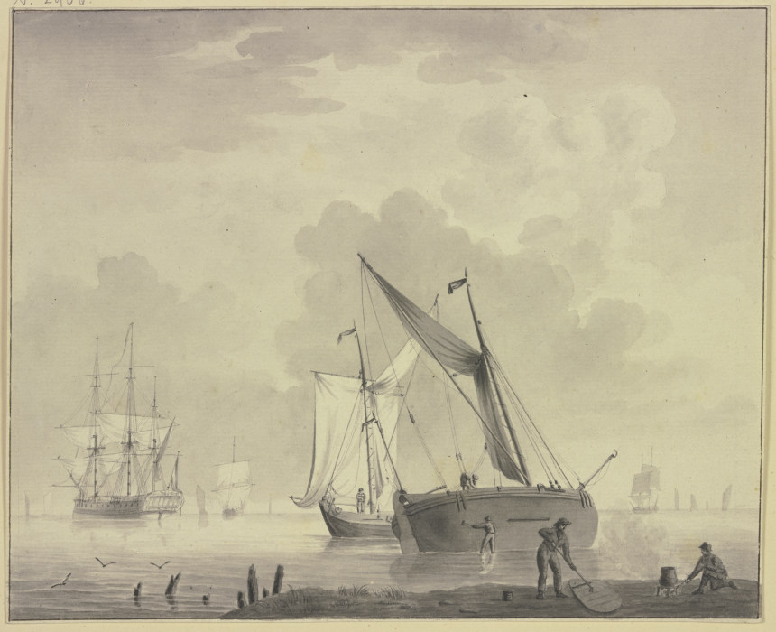 Ruhige See mit Schiffen, vorne rechts sind Matrosen mit dem Teeren eines Schiffes beschäftigt à Cornelis Thim