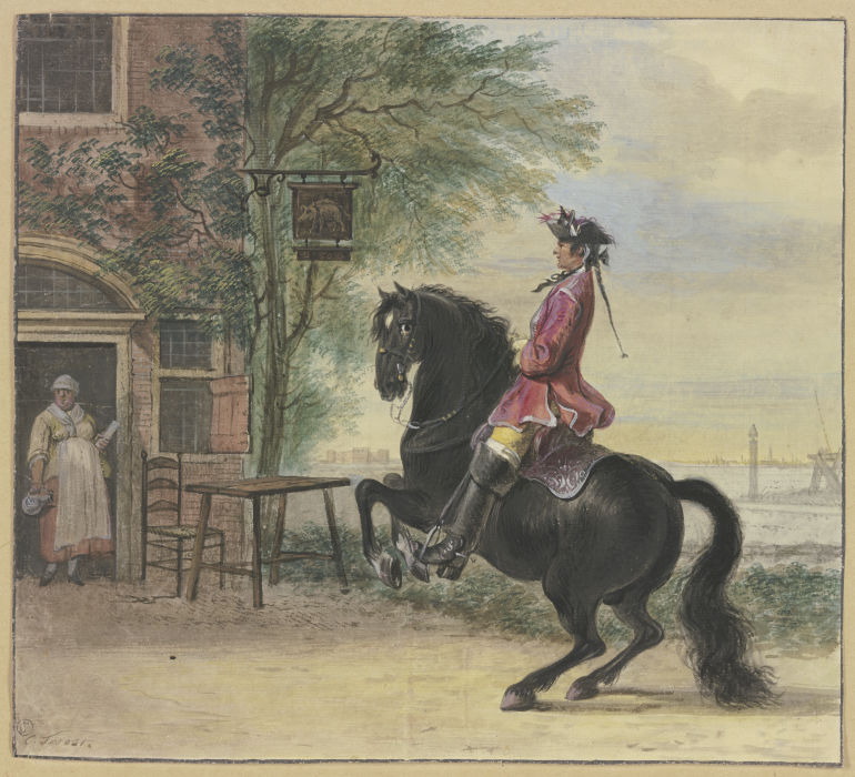 Ein Reiter mit Dreispitz und Zopf, im Hintergrund eine Kanallandschaft à Cornelis Troost