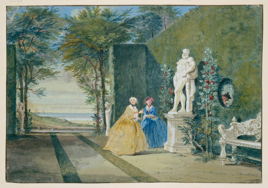 Parkansicht mit zwei jungen Damen neben einer Herkulesstatue à Cornelis Troost