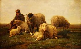 A Shepherd with Sheep and Lambs