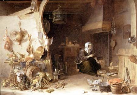 A Kitchen Interior with a Servant Girl Surrounded by Utensils, Vegetables and a Lobster on a Plate à Cornelis van Lelienbergh