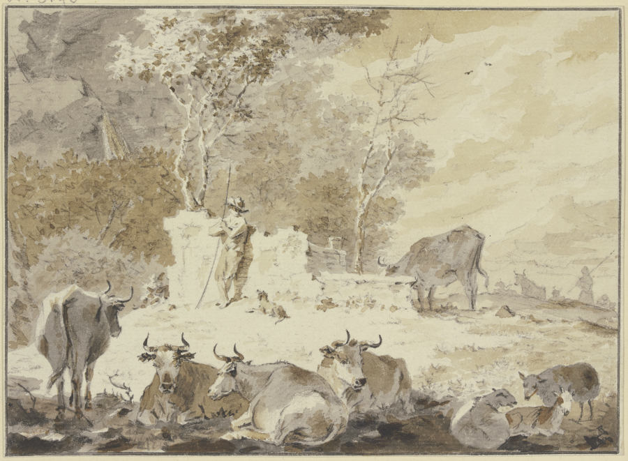 An altem Gemäuer steht links ein Hirte mit seinem Hund, umgeben von verschiedenem Vieh à Cornelis van Noorde