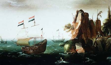 A Dutch Merchant Ship off a Rocky Coast à Cornelis Verbeeck