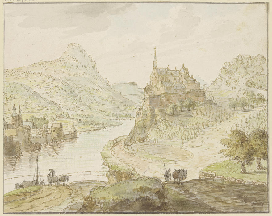 Fluß zwischen Bergen, rechts auf einem Felsen ein Kloster à Cornelis Verdonck