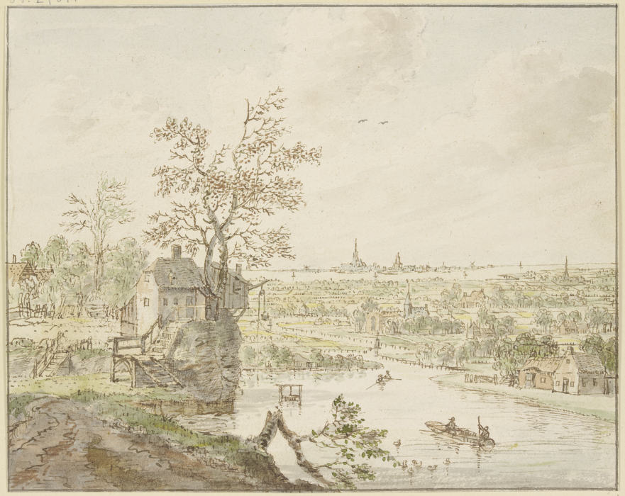 Flußgegend, in der Ferne das Meer mit einer Stadt à Cornelis Verdonck