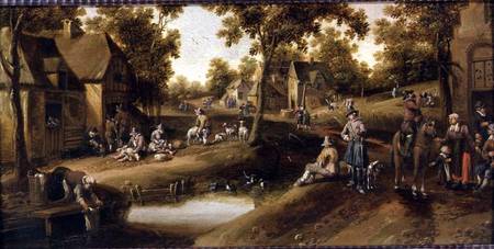 A Village Scene with Peasants on Banks of a Stream à Cornelius Droochsloot