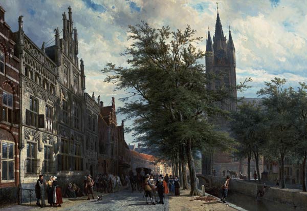 The Gemeenlandshuis and the Old Church, Delft, Summer. à Cornelius Springer