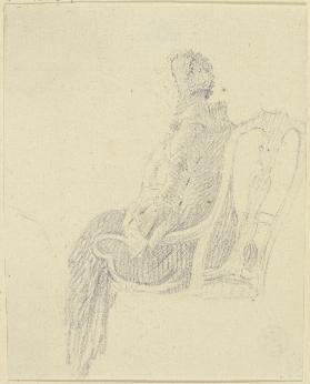 Eine Dame mit Haube auf einem Lehnstuhl sitzend, nach links gewandt, fast von hinten gesehen