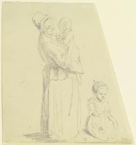 Eine Frau mit einem Kind auf dem Arm im Profil nach rechts, rechts neben ihr am Boden sitzend ein zw