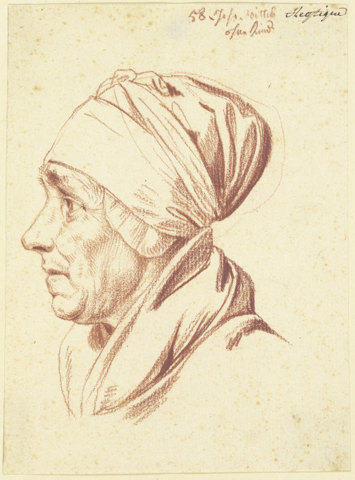 Kopf einer älteren Frau mit Kopftuch im Profil nach links à Daniel Chodowiecki