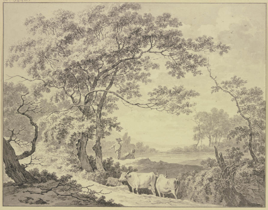 An einem von Wald umgebenem Teich, Hirte und Hirtin mit zwei Kühen und einer Ziege à Daniël Dupré
