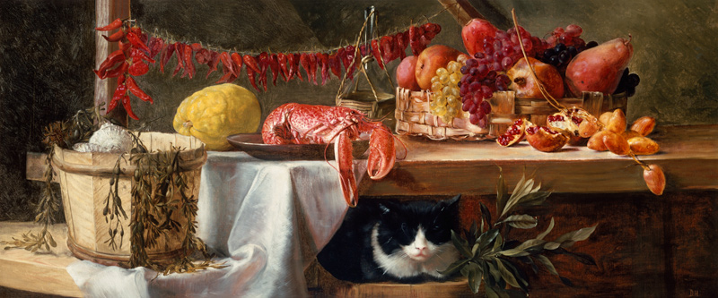 Stillleben mit Peperoni, Früchten, einem Hummer und einer Katze à Daniel Hock
