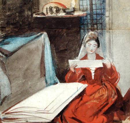 A Lady in a Medieval Costume studying the Contents of a Portfolio à Daniel Maclise