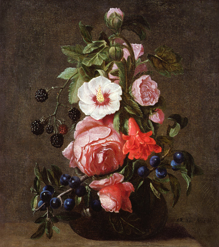 A Still Life of Mixed Flowers and Berries in a Glass Vase à Daniel Seghers