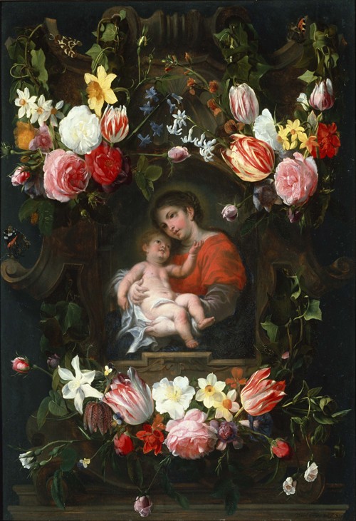 Garland of Flowers with Madonna and Child à Daniel Seghers