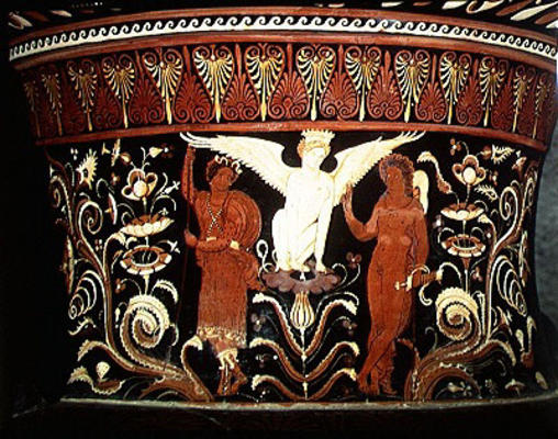 Apulian red-figure volute crater, detail of the neck depicting Oedipus and the Sphinx (pottery) (see à Darius Painter