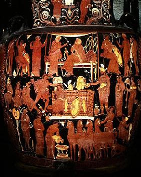 Apulian red-figure volute crater, detail of the sacrifice of Trojan prisoners by Achilles at the fun