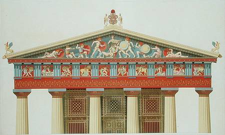 Facade of the Temple of Jupiter at Aegina (323-27 BC) (colour litho) à Daumont