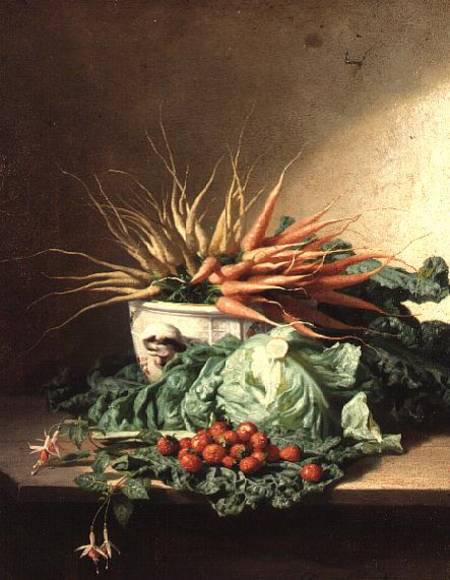 Still Life of Strawberries, Carrots and Cabbage à David Emil Joseph de Noter