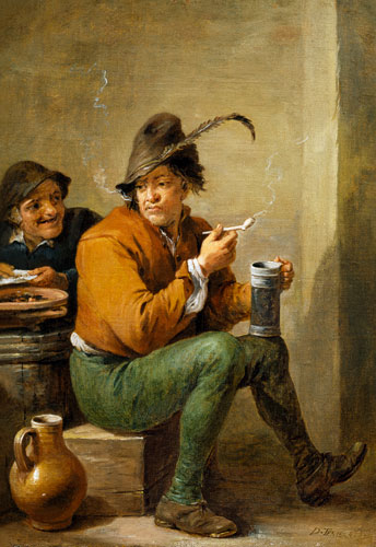 A Peasant holding a Stoneware Jug and a Clay Pipe à David III Teniers
