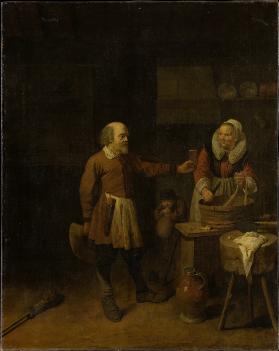 A Butcher Offering a Woman a Glass of Beer