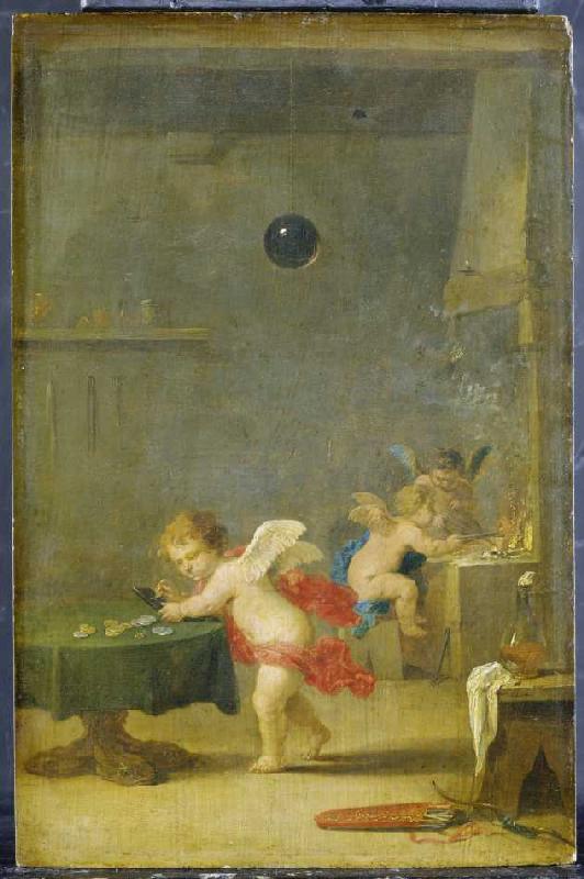 Amoretten in einer Alchimistenwerkstatt. à David Teniers