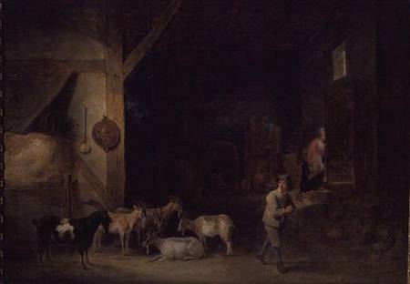Barn with goats and a boy playing the recorder à David Teniers