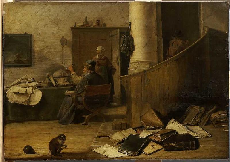 Ein Arzt betrachtet in seinem Studierzimmer ein Uringlas. à David Teniers