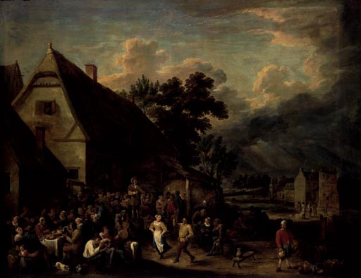 Grosse Dorfkirmes mit tanzendem Paar à David Teniers