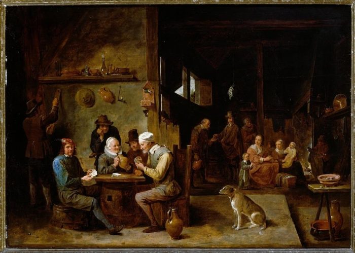 A Farmhouse Interior with Peasants at a Table Playing Cards à David Teniers