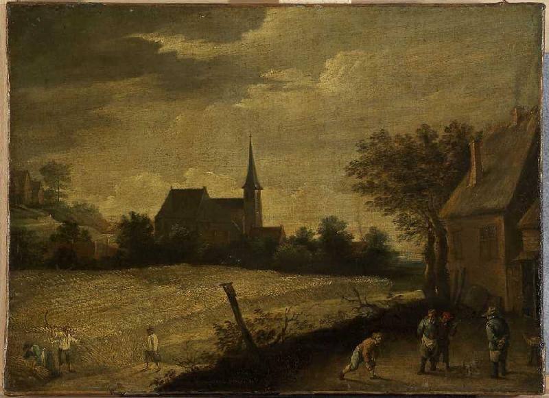 Landschaft mit mähenden und kegelspielenden Bauern. à David Teniers