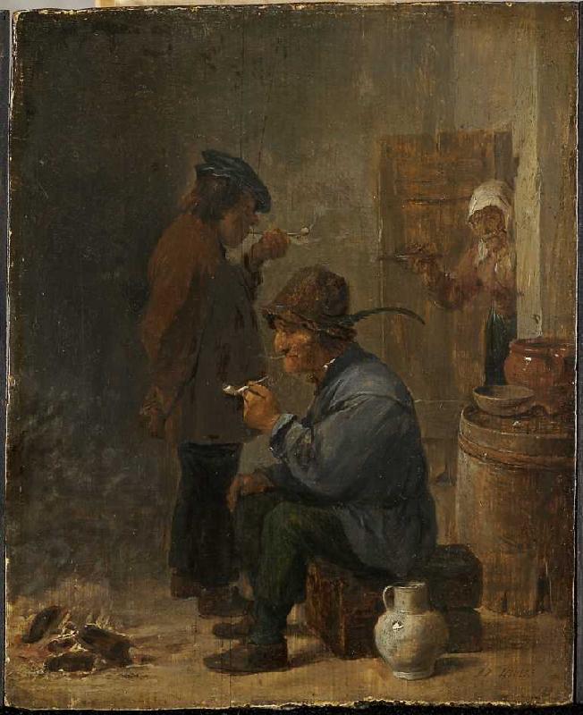 Zwei rauchende Bauern am Kohlenfeuer. à David Teniers