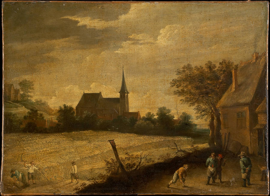 Landscape with Peasants Mowing and Bowling à David Teniers le Jeune