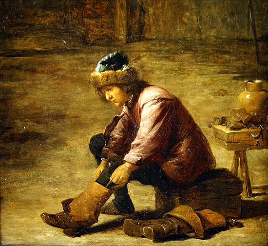 A young man pulling on a boot à David le Jeune Teniers