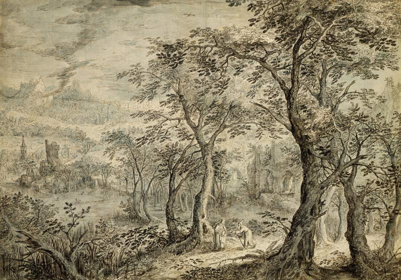 Wooded Landscape with the Temptation of Christ (pen and grey ink, brush and w/c on à David Vinckboons