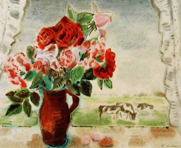 Adolf de Haer, Braune Vase mit Rosen à de Haer Adolf