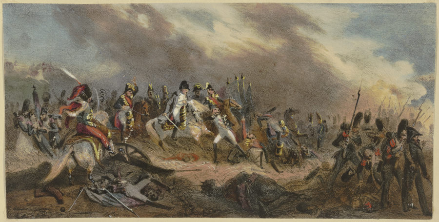 Napoleon mit seinem Hut über ein Schlachtfeld reitend à Denis Auguste Marie Raffet