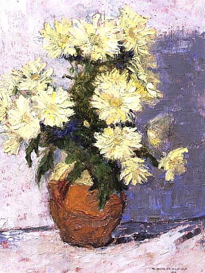 Small Chrysanthemums in a red jug, 1993 (board)  à Diana  Schofield