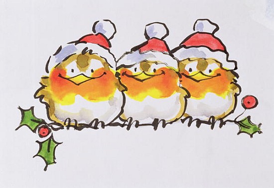 Christmas Robins (ink and w/c on paper)  à Diane  Matthes