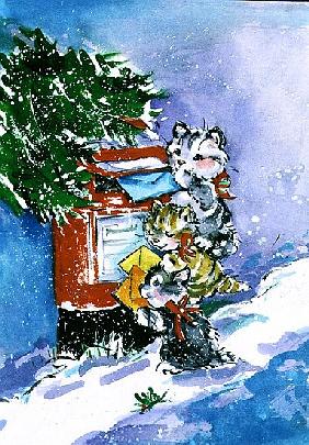 Kittens Posting Christmas Cards, 1996 (w/c) 