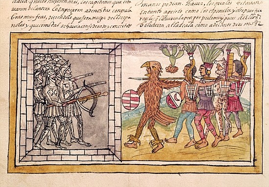 Codex Duran: Pedro de Alvarado (c.1485-1541) companion-at-arms of Hernando Cortes (1485-1547) besieg à Diego Aztec warriors Duran