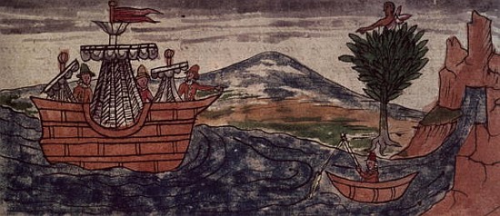 Fol.197v An Indian spy observes the arrival of a Spanish ship on the Mexican coast à Diego Duran