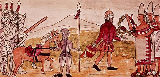 Fol.208v Meeting of Hernando Cortes (1485-1547) and Montezuma (1466-1520), miniature from the ''Hist à Diego Duran