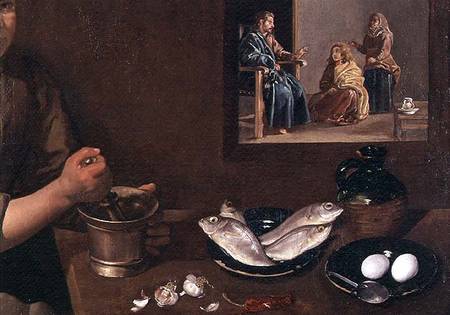 Kitchen Scene with Christ in the House of Martha and Mary (detail of Food on the Table with Christ, à Diego Rodriguez de Silva y Velásquez