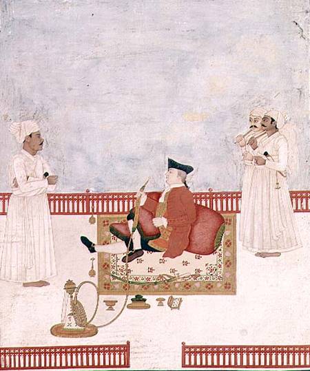A European Seated on a Terrace with Attendants à Dip Chand