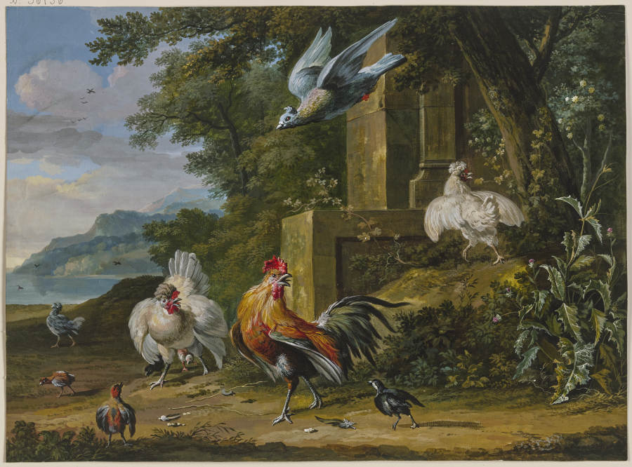 Ein Hahn und zwei Hennen mit ihren Jungen von einem Raubvogel überfallen à Dirck Dalens III