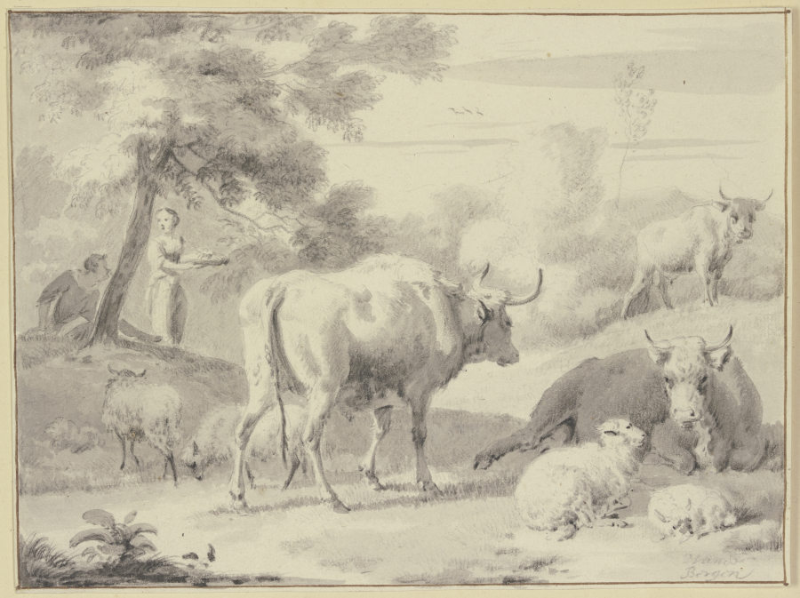 Kühe und Schafe, links unter einem Baum Hirte und Hirtin à Dirck van Bergen