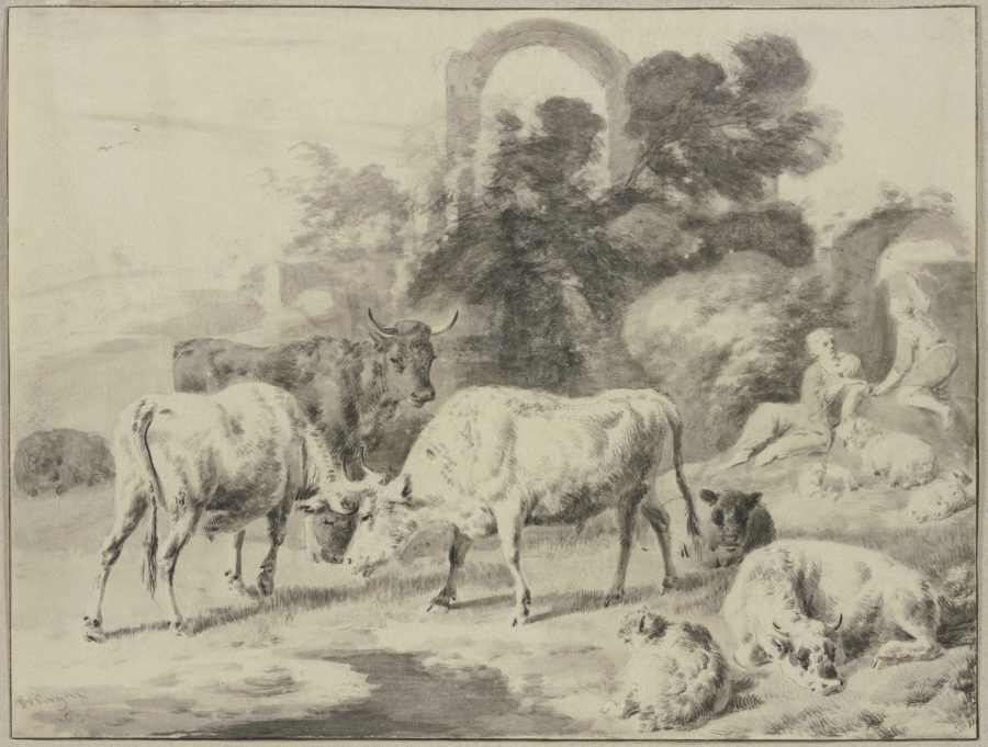 Cow herd with shepherds à Dirck van Bergen